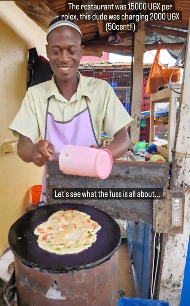 Happy Irish wanderers Uganda, eating Rolex street food