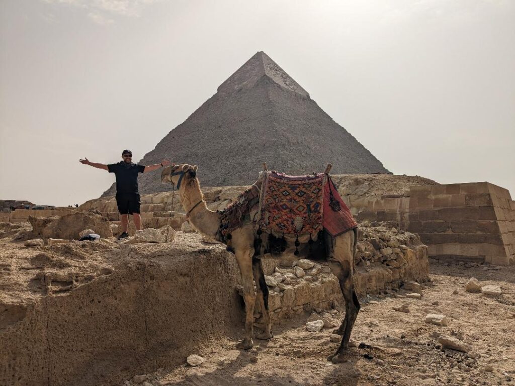 Kevin and a Camel at Giza pyramids Egypt Weather - The Best Time to Visit Happy Irish Wanderers