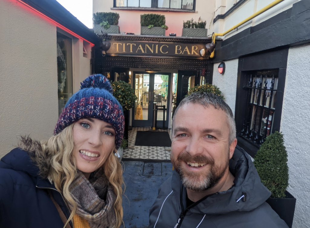 Kate and Kevin at the Titanic Bar in Cobh Co. Cork Things to Do in Cork, Happy Irish Wanderers 