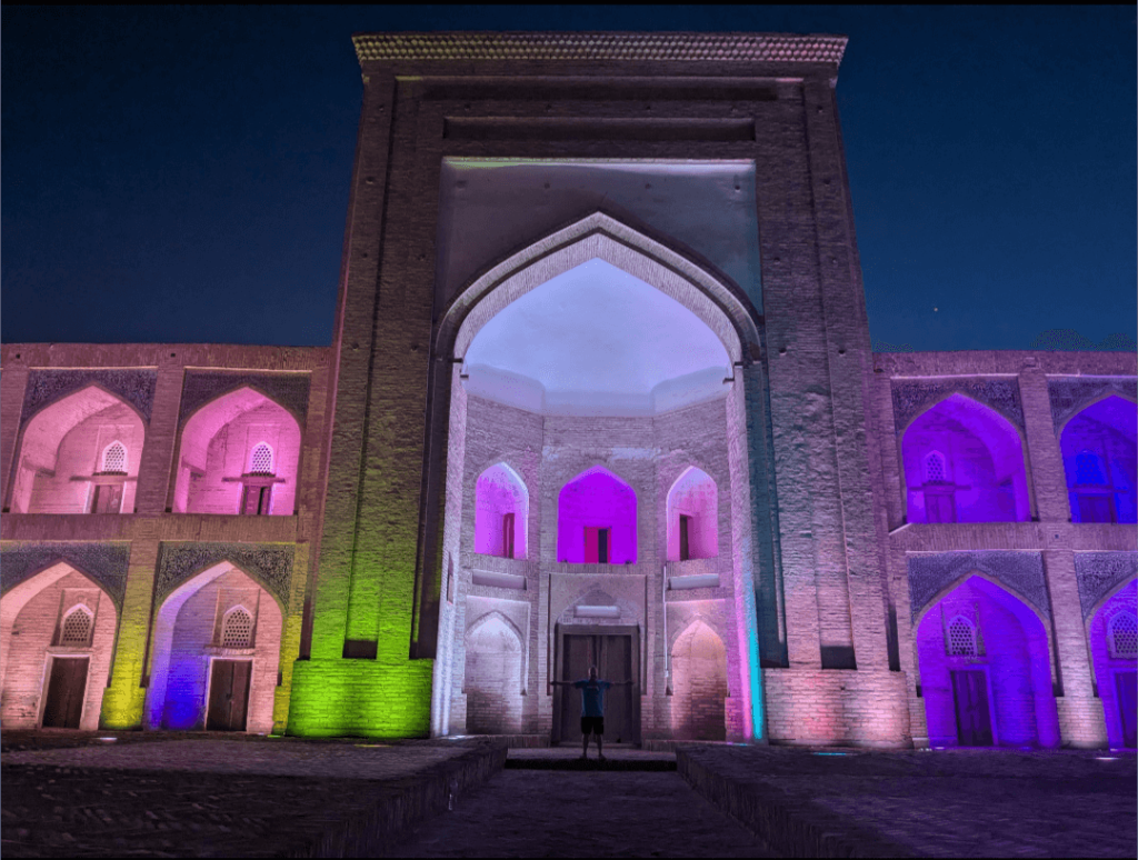 Uzbekistan-holiday-happy-irish-wanderers-in-Khiva-Old-town-lit-up-at-night-1