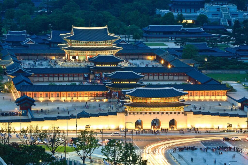 Gyeongbokgung Palace lit up at night