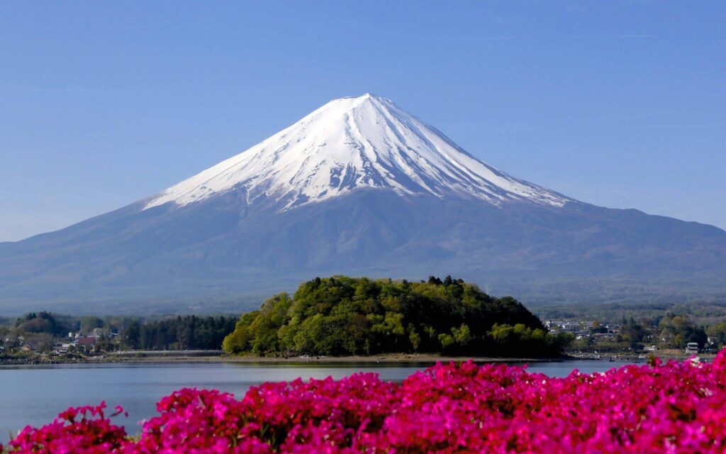 A view of a snow-capped Mount Fuji