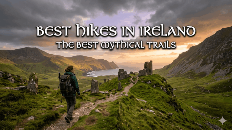 A wordpress graphic showing a female hiker with a backpack looking out over a rugged green Irish valley toward an ancient stone ruin and the sea at sunset. Text overlay reads "Best Hikes in Ireland - The Best Mythical Trails" with a checklist of highlights like "Explore Neolithic Cairns."