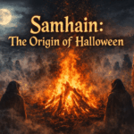 “Samhain bonfire in ancient Ireland with cloaked figures and misty landscape representing the origin of Halloween Celtic festival”