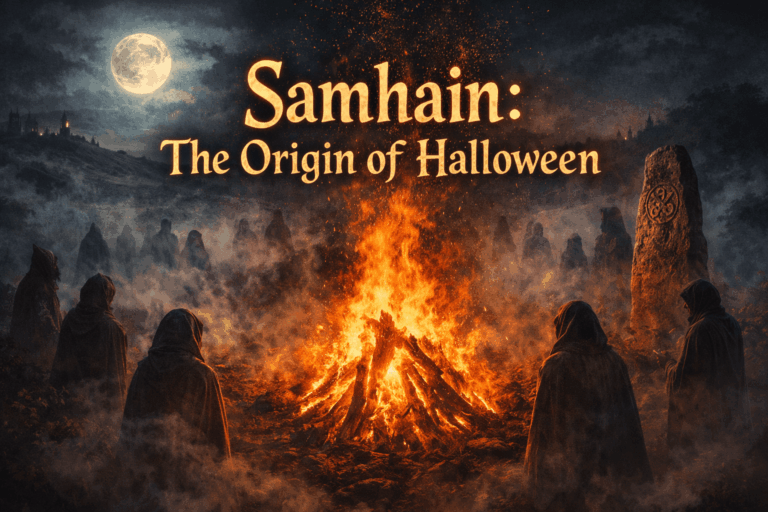 “Samhain bonfire in ancient Ireland with cloaked figures and misty landscape representing the origin of Halloween Celtic festival”