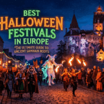 Best Halloween Festivals in Europe: A cinematic street procession featuring fire performers, ancient Celtic costumes, and a gothic castle backdrop.