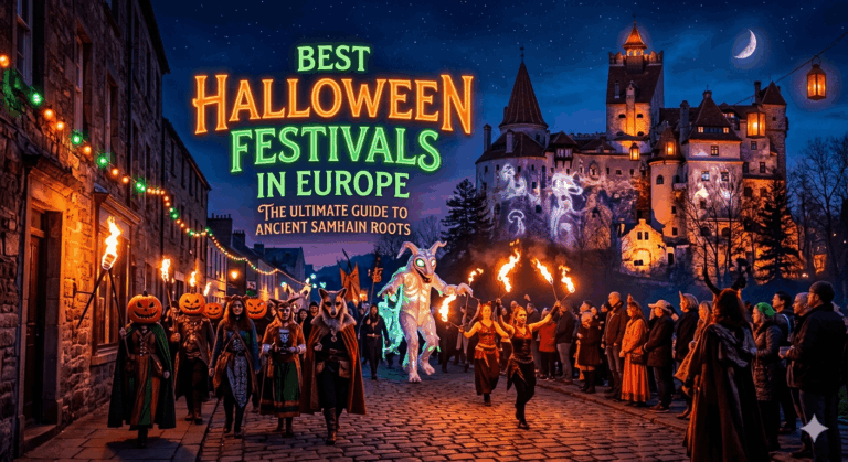 Best Halloween Festivals in Europe: A cinematic street procession featuring fire performers, ancient Celtic costumes, and a gothic castle backdrop.