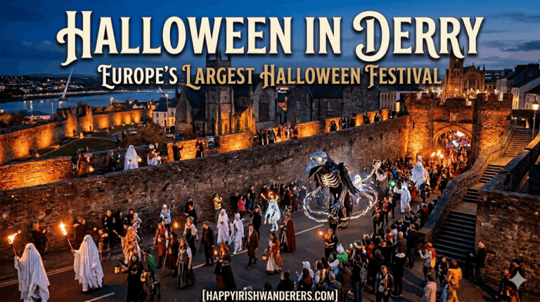 A featured image for the definitive guide to Halloween in Derry, showcasing the title, 'HALLOWEEN IN DERRY', above the Walled City parade with giant puppets and fire torches in Northern Ireland.