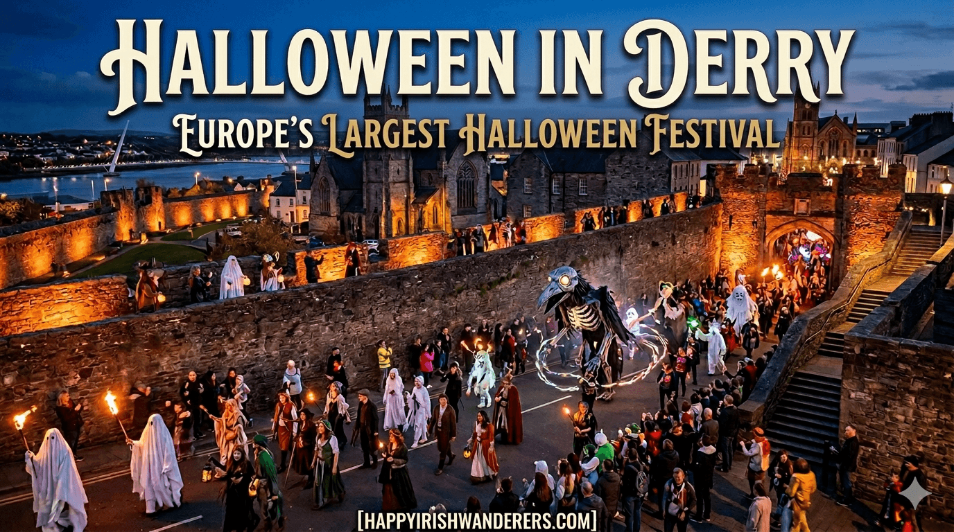 A featured image for the definitive guide to Halloween in Derry, showcasing the title, 'HALLOWEEN IN DERRY', above the Walled City parade with giant puppets and fire torches in Northern Ireland.