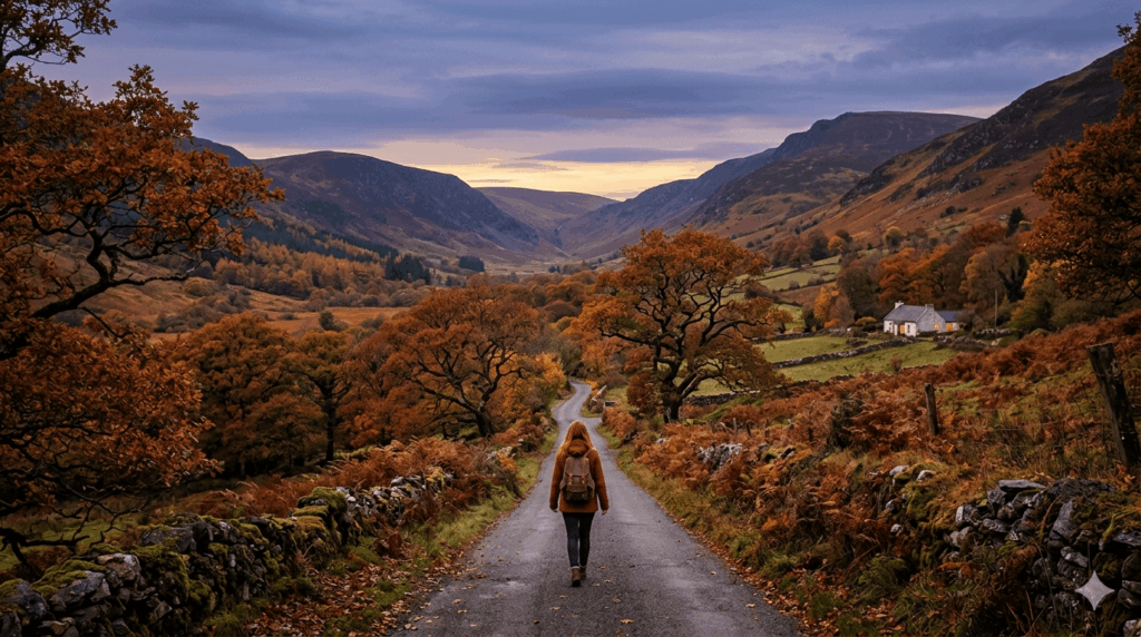 A narrow, winding country road through a expansive valley of native Irish oak and beech trees at peak autumn foliage. A lone traveller with a backpack is walking into the distance between ancient stone walls under a soft twilight sky.