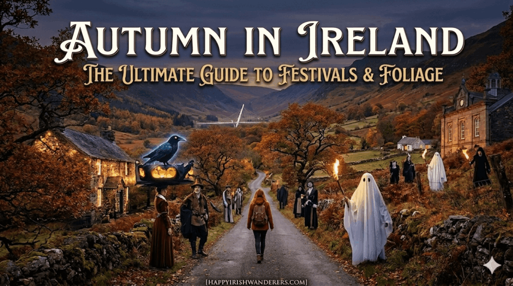 A featured image for the Autumn in Ireland Ultimate Guide to Festivals & Foliage, showcasing the title, 'FESTIVALS & FOLIAGE', above the Derry Walled City parade with giant puppets and fire torches in Northern Ireland.