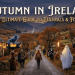 A featured image for the Autumn in Ireland Ultimate Guide to Festivals & Foliage, showcasing the title, 'FESTIVALS & FOLIAGE', above the Derry Walled City parade with giant puppets and fire torches in Northern Ireland.