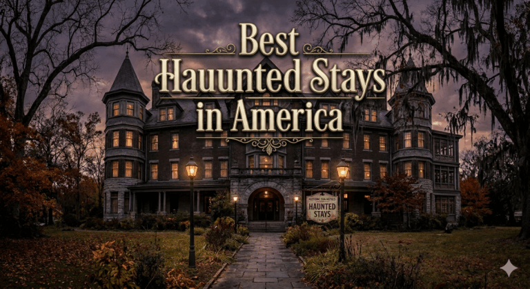 Featured Image: A sweeping, dramatic view of a historic haunted hotel at dusk, illustrating our guide to the 15 best haunted hotels in America for a spooky stay."