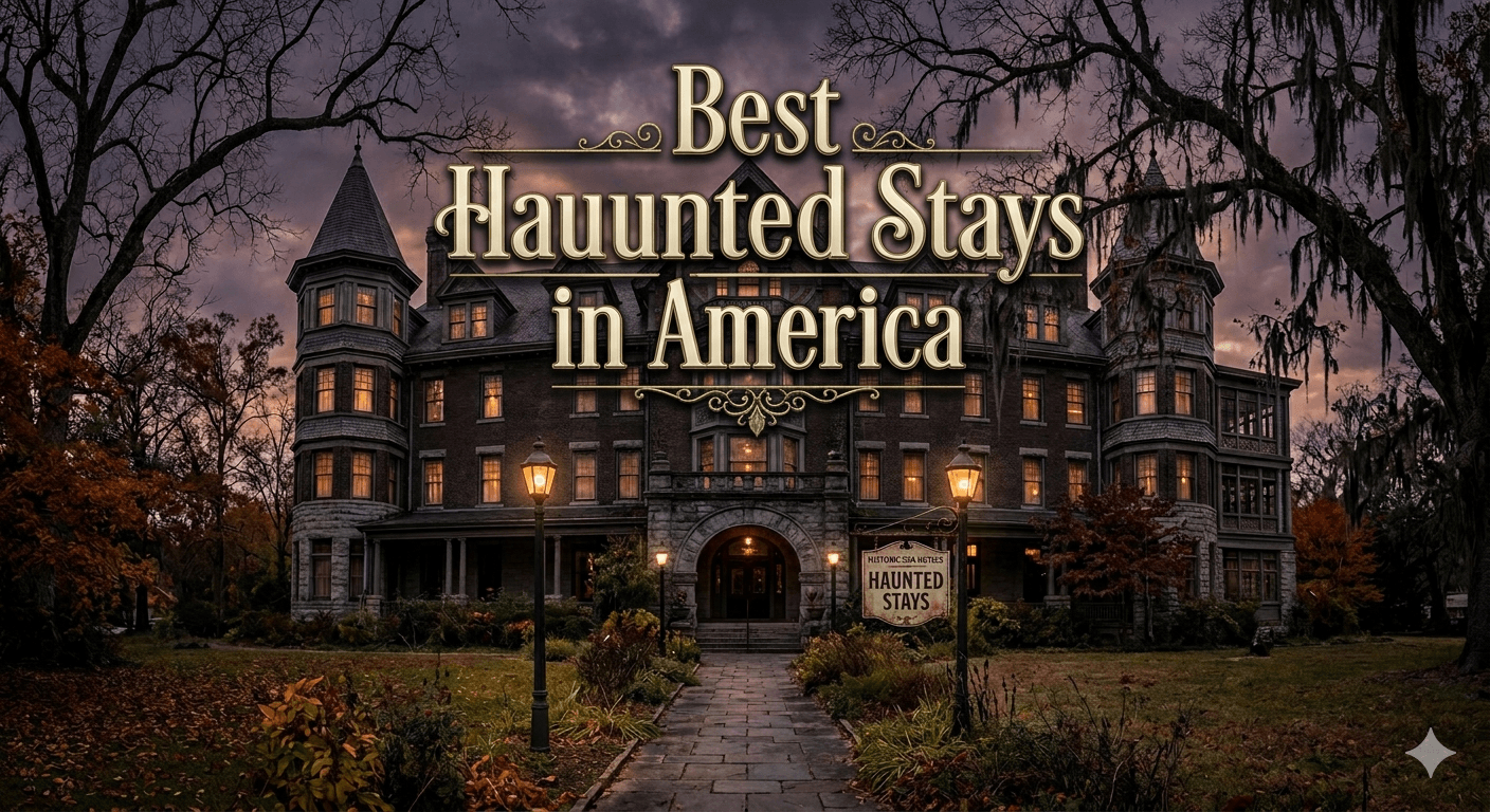 Featured Image: A sweeping, dramatic view of a historic haunted hotel at dusk, illustrating our guide to the 15 best haunted hotels in America for a spooky stay."