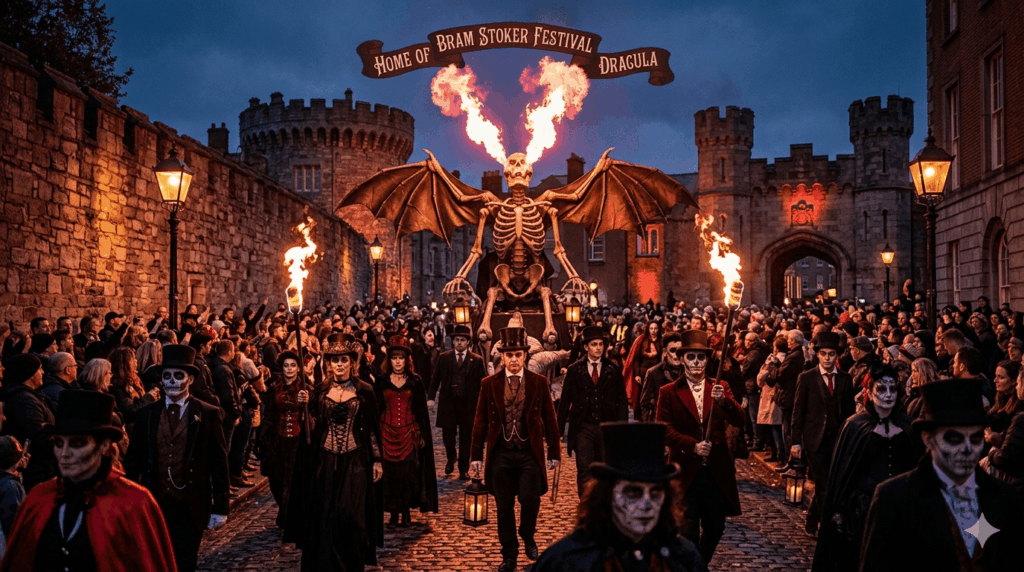 Dramatic gothic parade in Dublin for the Bram Stoker Festival Dublin, featuring fire-breathing skeletons and Victorian costumes.