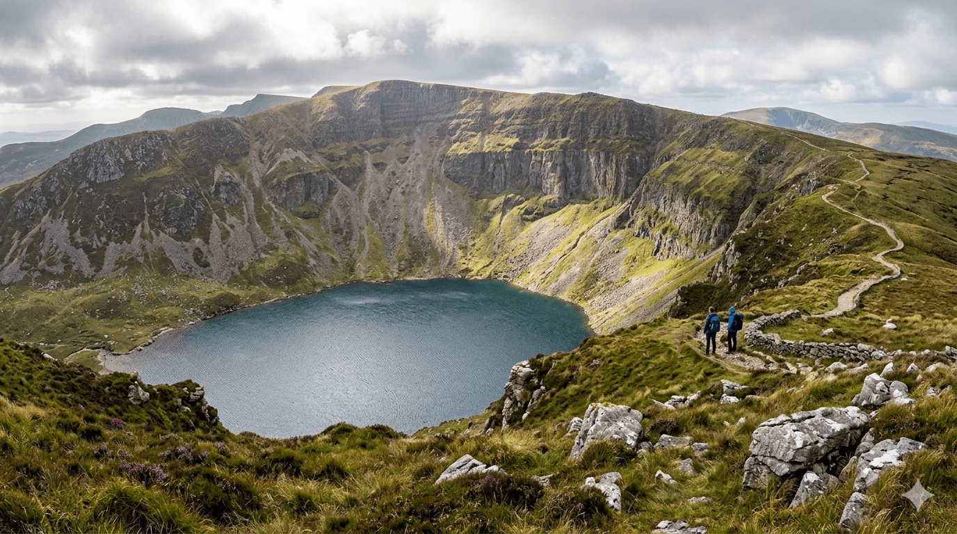 A high vantage point of the rugged Coumshingaun Loop path around the glacial corrie lake in the Comeragh Mountains, Waterford, Ireland.