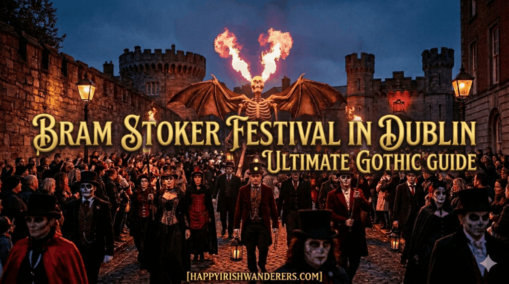 Feature image for Bram Stoker Festival in Dublin: Ultimate Gothic Guide, showing a night parade with fire-breathing skeleton puppets and people in Victorian gothic costumes in front of a castle.