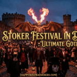 Feature image for Bram Stoker Festival in Dublin: Ultimate Gothic Guide, showing a night parade with fire-breathing skeleton puppets and people in Victorian gothic costumes in front of a castle.