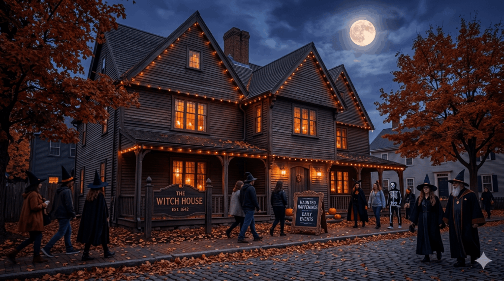 Atmospheric twilight photograph of the historic Salem Witch House featuring costumed pedestrians and autumn foliage.