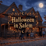 Atmospheric twilight photograph of the historic Salem Witch House with a large central title reading Halloween in Salem, featuring costumed pedestrians and autumn foliage.