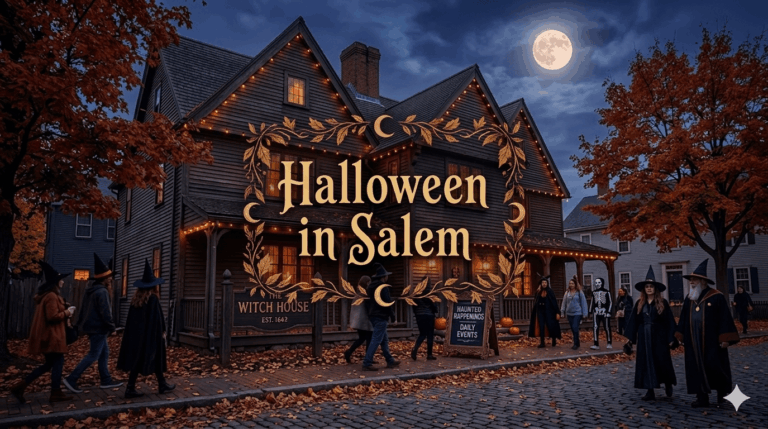 Atmospheric twilight photograph of the historic Salem Witch House with a large central title reading Halloween in Salem, featuring costumed pedestrians and autumn foliage.