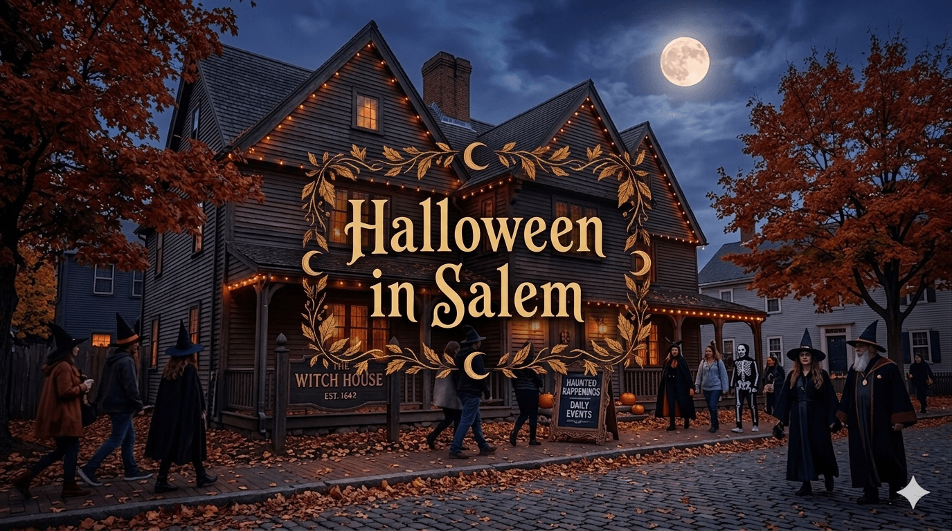 Atmospheric twilight photograph of the historic Salem Witch House with a large central title reading Halloween in Salem, featuring costumed pedestrians and autumn foliage.