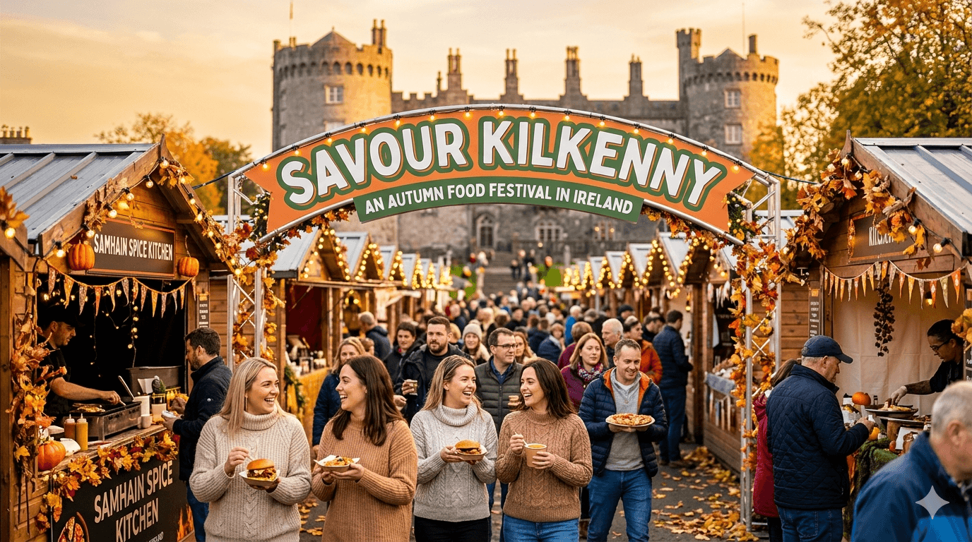 Savour Kilkenny autumn food festival in Ireland with stalls, crowds, and Kilkenny Castle in the background.