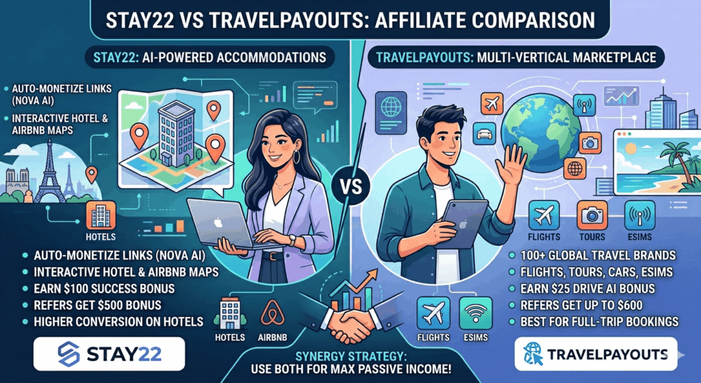 Comparison of Stay22 and Travelpayouts affiliate programs for travel bloggers, highlighting AI-automated lodging vs multi-vertical travel marketplace.
