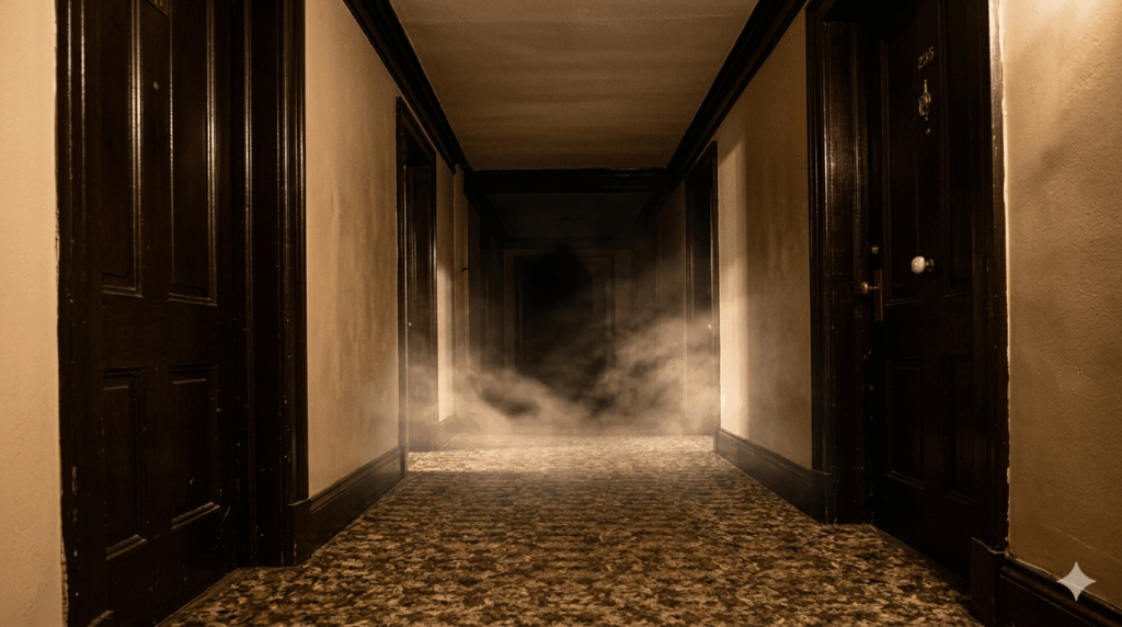 A moody, first-person point-of-view photograph looking down a narrow, dimly lit historical hallway within the Crescent Hotel. The floor is covered in old, worn patterned carpet. Dark wood doors line the walls under a low ceiling. The corridor recedes into deep shadow at the far end, and thick, cold mist appears to be creeping into the hallway from that far dark corner, illuminated by a sepia-toned light.