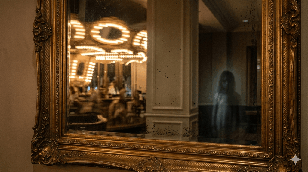 A close-up view of a massive, heavy, gilt-framed antique mirror in the Hotel Monteleone, New Orleans. The mirror's glass is old and slightly imperfect, reflecting the warm, spinning lights and deep amber ambiance of the Carousel Bar. In the background of the mirror's reflection, a faint, translucent, shadowy figure is clearly visible, observing the room from a distant, blurred corner, adding to the eerie atmosphere. Haunted hotels in America 