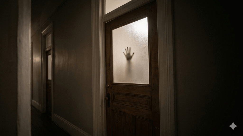 A photograph looking down a narrow, historic hallway in The Marshall House in Savannah. A traditional, aged wooden door is on the right, featuring a large pane of frosted glass near the top. The glass pane is illuminated by a dim overhead light, clearly revealing a single, small child's handprint pressed distinctly into the frost. The rest of the hall is in soft, dark shadow, maintaining a high-contrast, moody aesthetic.