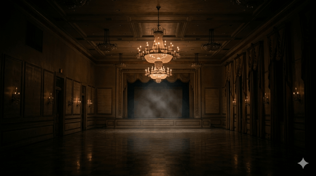 A wide-angle interior photograph capturing the elegant Grand Ballroom of the empty Bourbon Orleans Hotel in New Orleans. The perspective looks toward the stage under the main, massive crystal chandelier, which is faintly lit in amber. The entire room is otherwise in deep shadow, creating a dramatic atmosphere. A subtle, soft light anomaly or faint mist hangs in the air directly near the center of the highly polished dance floor, contrasting sharply with the opulent surroundings.