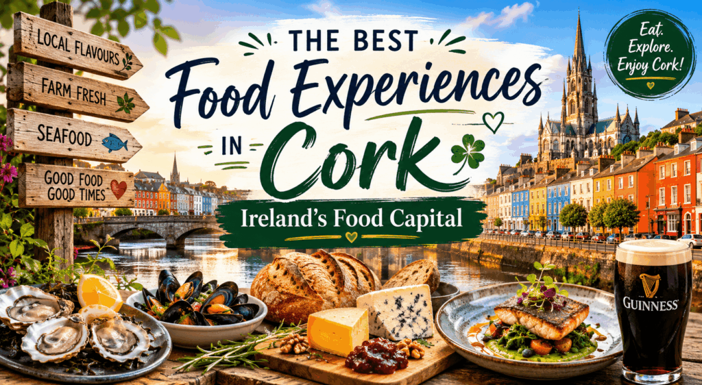 A vibrant feature image for a Cork food travel guide showing Cork City’s colorful riverside streets, cathedral skyline, oysters, seafood chowder, artisan cheese, fresh bread, coffee, and a pint of Murphy’s stout, with bold text reading “A Guide to the Best Food Experiences in Cork – Ireland’s Food Capital.”