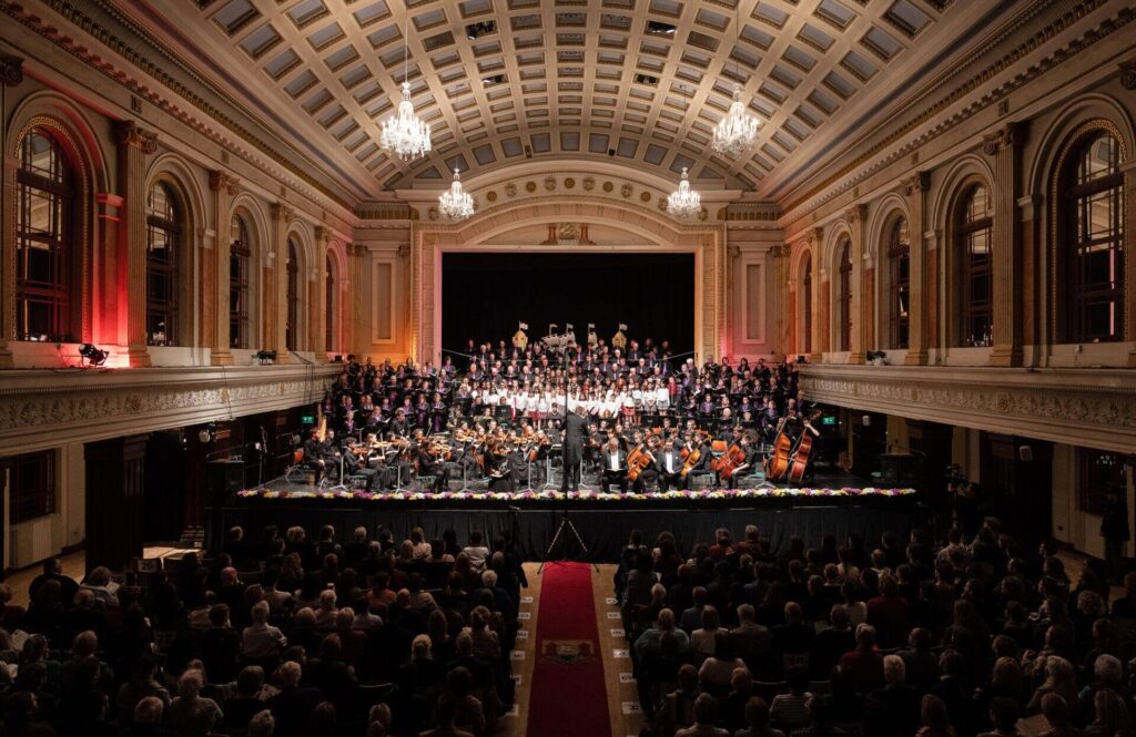 main concert hall at Cork City Hall in Cork, Ireland, during a performance at the Cork International Choral Festival.