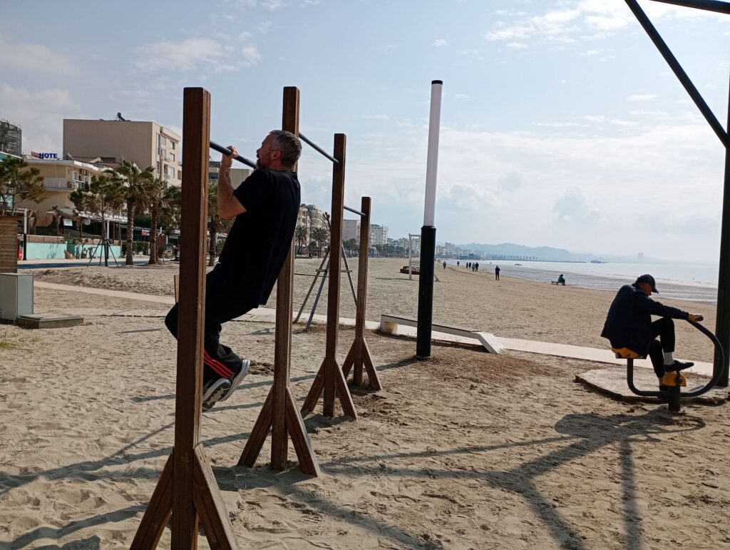 using the outdoor gyms along the Durres promenade while living in Albania
