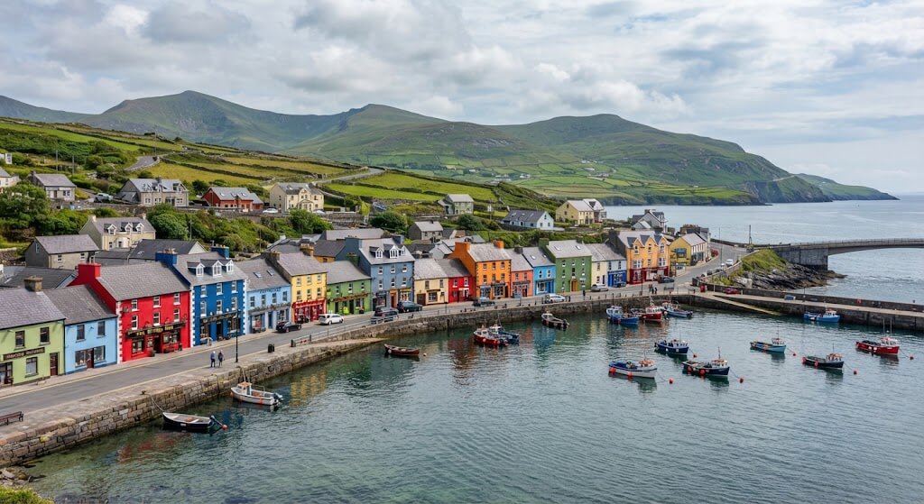 The colourful waterfront and fishing boats of Portmagee, a charming coastal village situated right along the Ring of Kerry